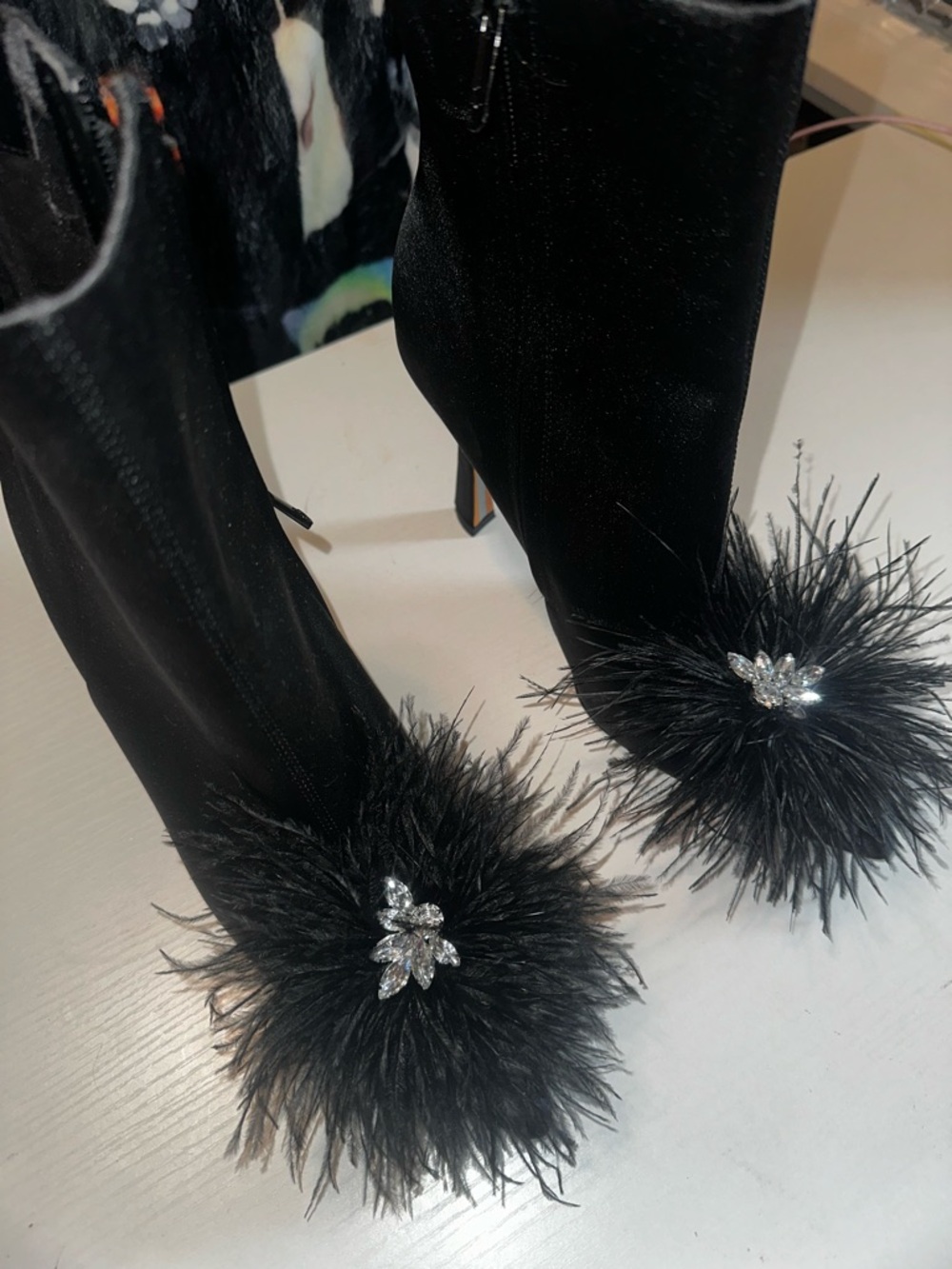 Gianni Bini Black Feather Pom Ankle Booties with Crystal Accent
